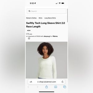 Lululemon Swiftly Tech Long Sleeve Shirt 2.0 Race Length Size 4